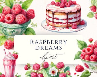 Imágenes prediseñadas de frambuesas en formato PNG, gráficos de pastel de bayas y batido, conjunto de frutas de verano en acuarela.
