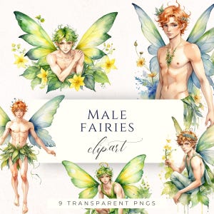 Imágenes prediseñadas PNG de hadas masculinas de primavera, gráficos mágicos de duendes para diarios creativos, álbumes de recortes y creación de tarjetas.