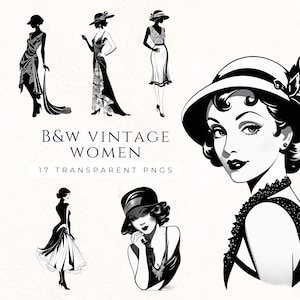 女性のシルエット クリップ アート ブラック ホワイト ビンテージ、レトロ スクラップブック イメージ PNG、1920 年代のアールデコ クリップ アート、狂騒の 20 年代グラフィック、即時ダウンロード