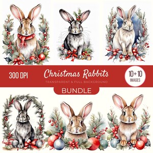 Pacchetto di clipart di conigli di Natale, grafica di album di ritagli festivi, arte della fauna selvatica di Natale, forniture per la creazione di biglietti, diario di spazzatura, creazione di carta