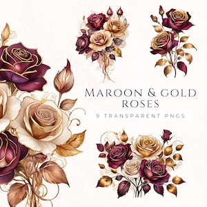 Conjunto de imágenes prediseñadas de rosas doradas y granates, imágenes prediseñadas de acuarela floral, decoración de álbumes de recortes para uso comercial, flores digitales