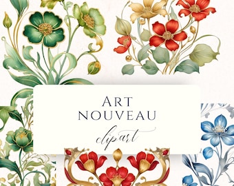 Jugendstil Aquarell Blumen Clipart PNG, Vintage Retro Blumen Grafiken für Scrapbooking und Papierbasteln, ANO002