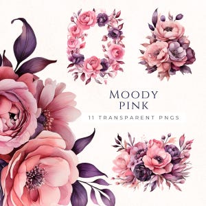 Clipart fleur rose et violet, impression florale de mauvaise humeur, bouquet aquarelle printemps Clipart PNG, Journal de scrapbooking mariage, MOF006
