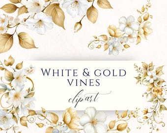 Vit och guld blomma vinstock akvarell Clipart PNG, bröllopsgrafik för scrapbooking, korttillverkning och pappersarbete