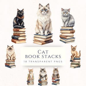 Bookstack Clipart for Cat Lovers, Watercolor Cat Clip Art, Paper Crafting Supplies, Cardmaking, Scrapbooking Images, Bookmarking