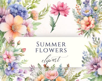 Conjunto de imagens PNG de buquê de flores em aquarela, com diversos desenhos florais para scrapbooking, decoração de cartões e artesanato em papel.