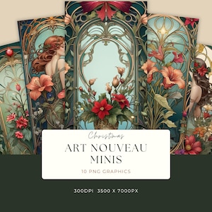 Miniaturas de Natal Art Nouveau para download digital PNG, imagens de scrapbook, gráficos de diário, materiais de artesanato, decoração de Natal vintage, ANO009