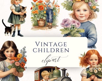 Vintage Children Watercolor Clipart Set PNG, Retro Kids Ephemera for Junk Journals, Scrapbooking and Cardmaking