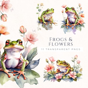 Green Frogs Clipart, Frogs and Flower Clip Art, Cute Frog PNG, Watercolor Animal Decor, Digital Download, Instant Files