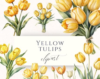 Yellow Tulip Watercolor Clipart PNG, Spring Flower Graphics for Scrapbooking, Easter Cards and Paper Crafting, TUL001