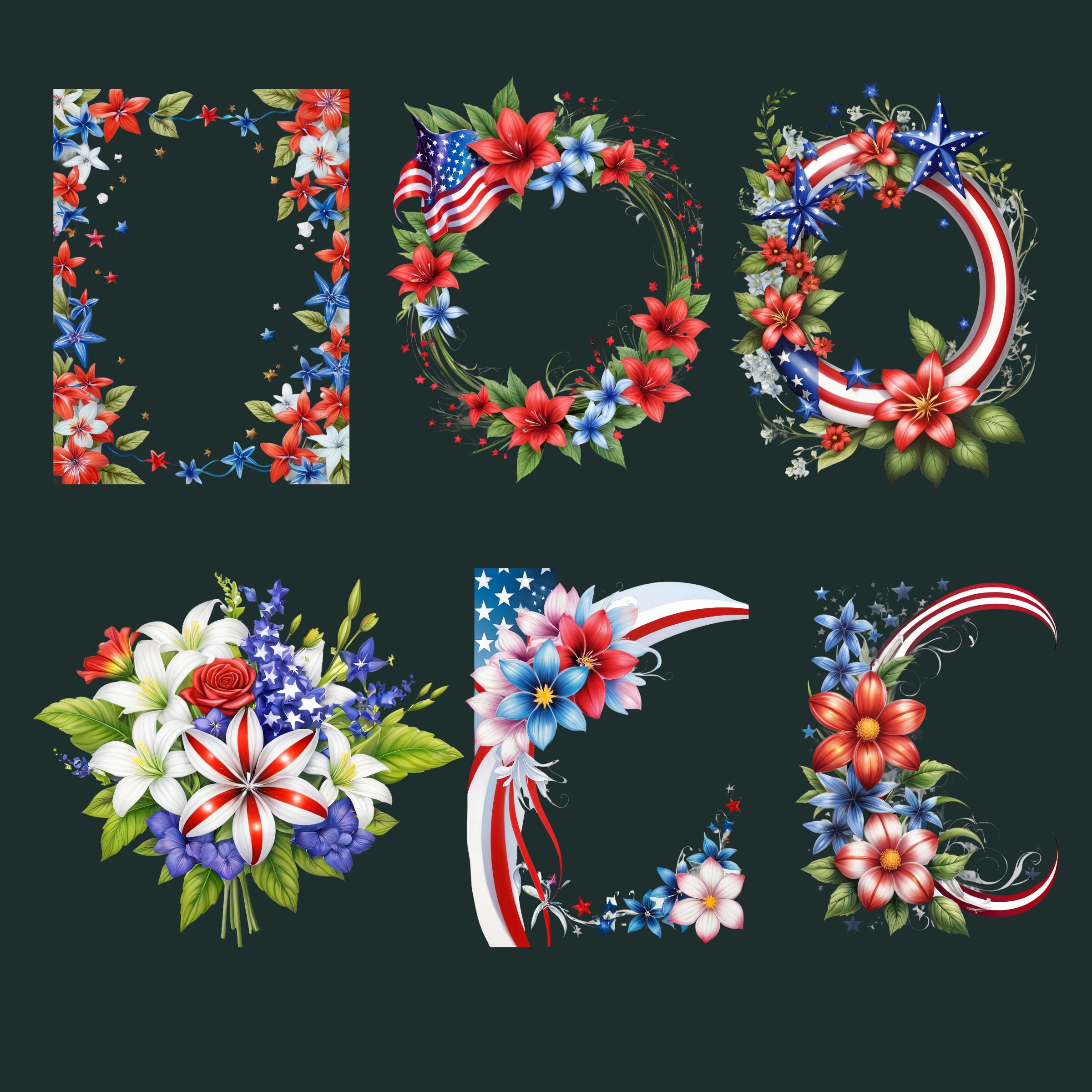 Red Blue White Flower Bouquet Clipart, 4th of July Independence Day ...