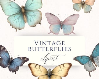 Vintage Butterfly Watercolor Clipart Collection PNG, Delicate Insect Graphics for Scrapbooking, Wedding Invitations and Cardmaking, BUF004