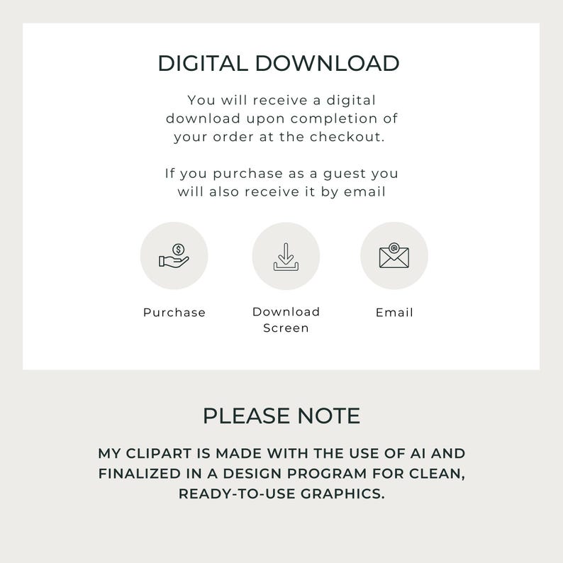 May include: A digital download graphic with the text "DIGITAL DOWNLOAD". The image includes icons for purchase, download screen, and email. The text also states that the clipart is made with AI and finalized in a design program for clean, ready-to-use graphics.