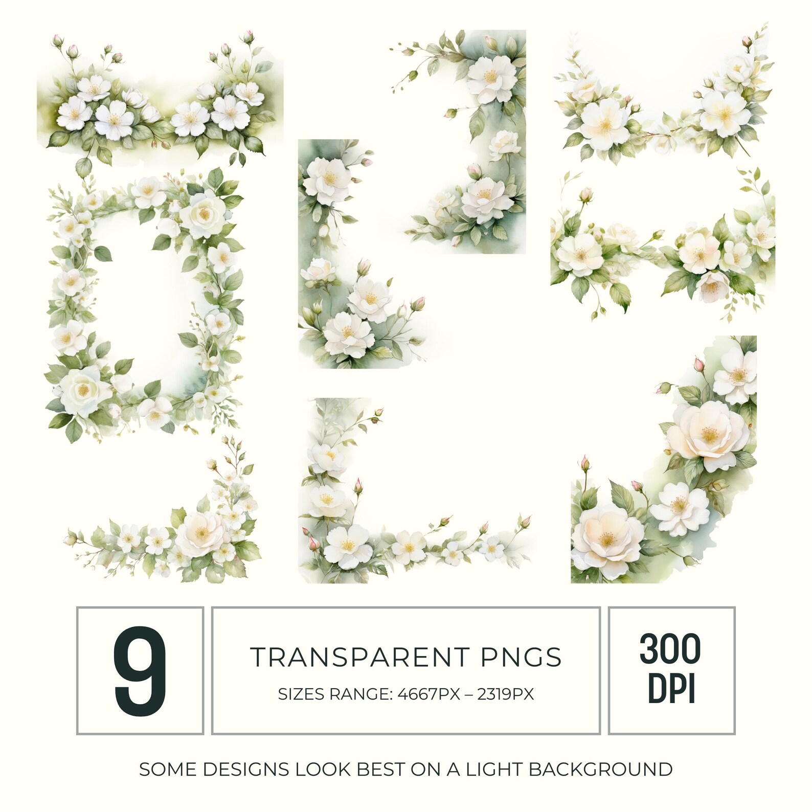 Printable White Roses Border White Rose Border Watercolor Clipart PNG, Floral Border Graphics for ...