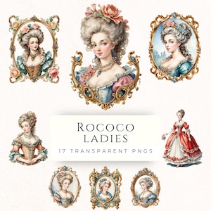 Clipart de dama rococó, descarga digital, gráficos de María Antonieta, dama en miniatura en acuarela, imágenes de collage para álbumes de recortes, manualidades con papel