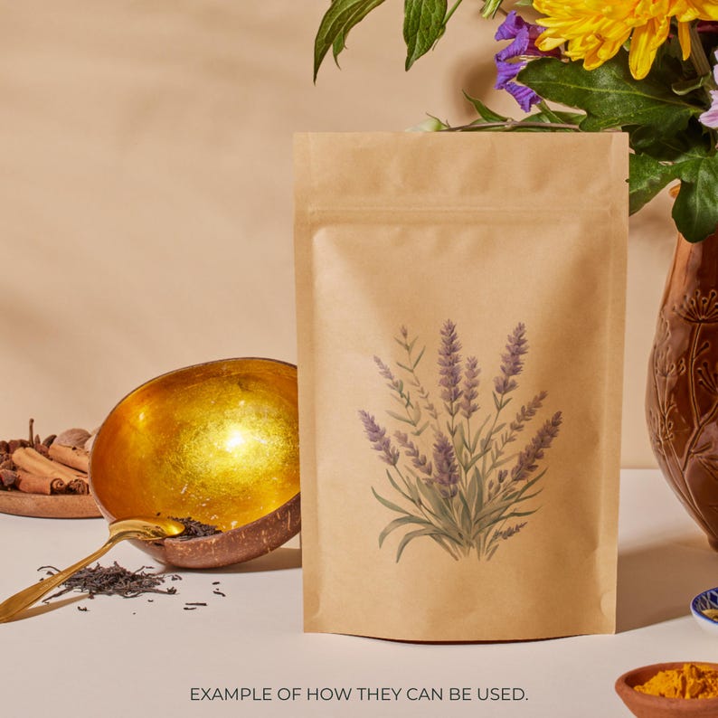 May include: A kraft paper bag featuring a watercolor illustration of lavender sprigs. The bag is sealed and stands upright, with a gold bowl and spoon in the foreground. The text at the bottom reads, "EXAMPLE OF HOW THEY CAN BE USED."