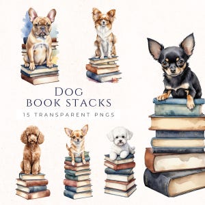 Bücher Stapel Clipart, Hund auf Bücher, Kartenherstellung, Junk Journaling, Haustier Clipart, Papierherstellung, Lesezeichen Clip Art