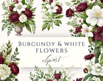 Clipart PNG de flores em aquarela em tons de vinho e branco, gráficos florais para casamento, scrapbooking, confecção de cartões e artesanato em papel.
