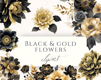 Black and Gold Watercolor Flower Clipart PNG, Elegant Floral Graphics for Scrapbooking, Invitations and Paper Crafting