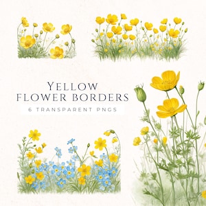 Buttercup Blume Rahmen Clipart, gelber Blumenrahmen PNG, Sofort Download, Scrapbooking und Design Element
