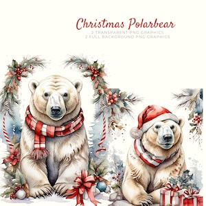 Christmas Polar Bear Clipart, Digital Download PNG, Xmas Scrapbook Images, Arctic Animal Art, Cardmaking Supply