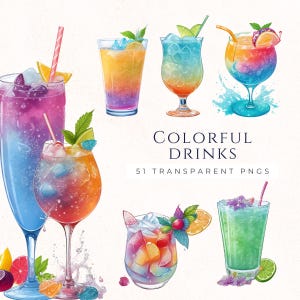 Vibrant Cocktail Clipart Collection, Summer Drink Clip Art Bundle, Watercolor Beverages PNG, Instant Download
