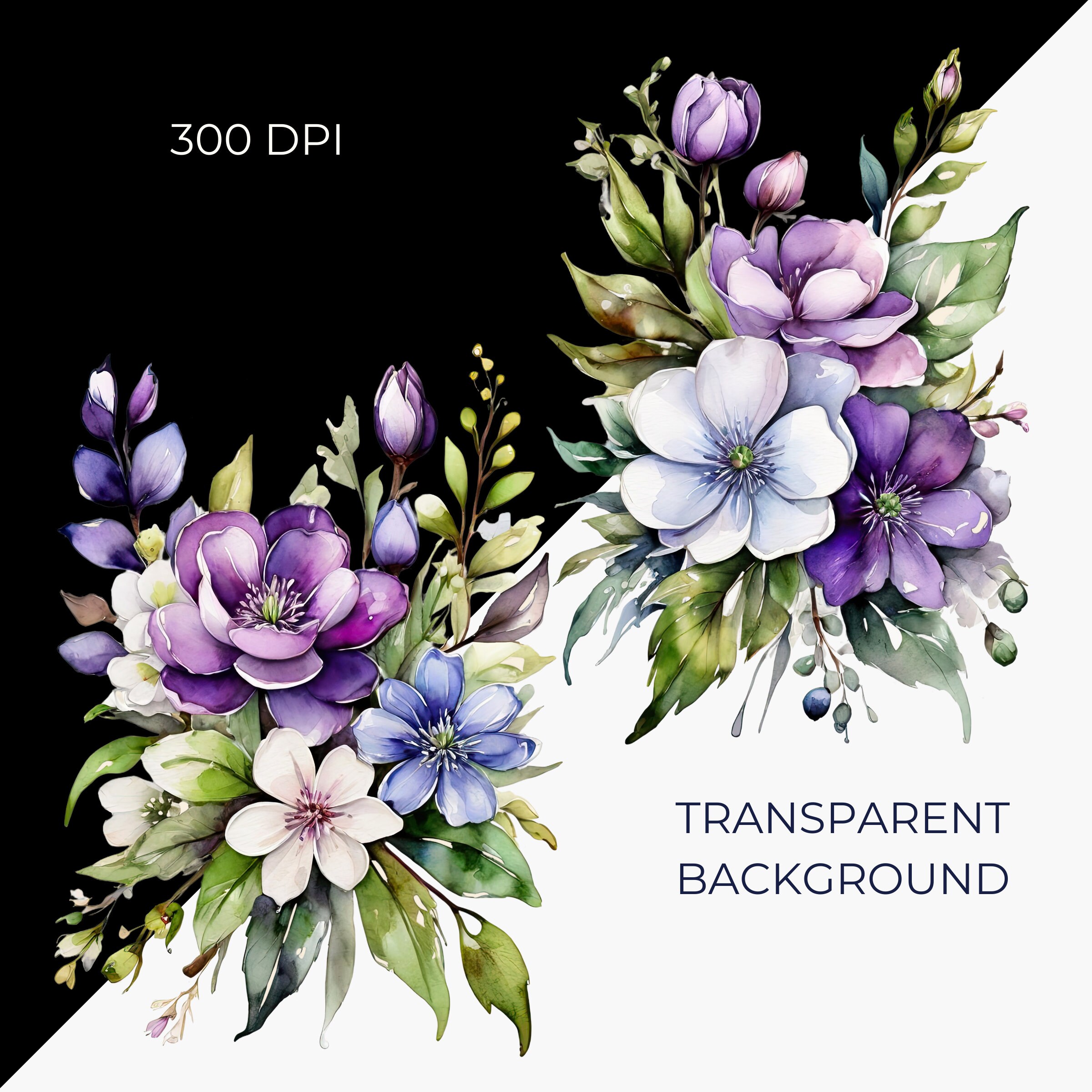 Watercolor Flower Clipart, Blue Purple Floral PNG, Garden Decor Digital