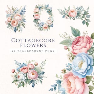 Cottagecore Flower Clipart, Pink And Blue Florals, Scrapbooking Graphics, Blue Rose Bouquet, Paper Crafting, Roses Clipart