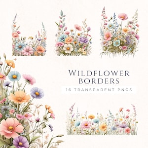 Clipart fleurs sauvages, bordure de fleurs sauvages, clipart floral, aquarelle de fleurs, fichiers PNG à téléchargement immédiat, bordure florale pastel