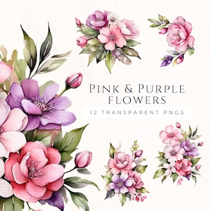 Aquarelle fleurs Clip Art PNG, Clipart floral violet, téléchargement immédiat, bouquet rose et violet
