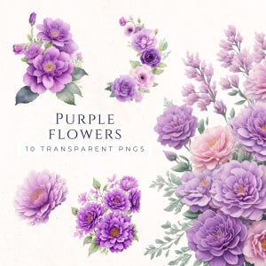 Lila Blumen Clipart, Aquarell Blumen PNG, Sofort Download, kommerzielle Nutzung, Lila Botanische Clip Art