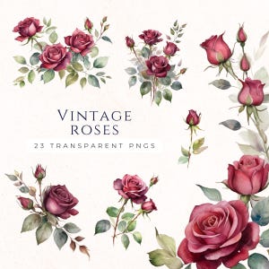 Clipart di rose bordeaux vintage, download digitale di bordi floreali, decorazioni per scrapbooking, materiali per lavori di carta, clipart di bordi di rose