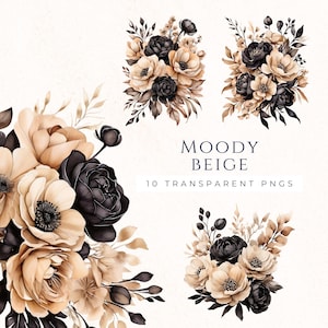 Clipart fleur bohème, impression florale de mauvaise humeur, bouquet noir et beige Clip Art, téléchargement immédiat des fichiers PNG, scrapbooking et journal, MOF004
