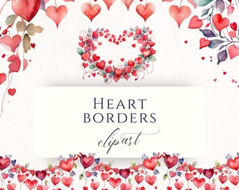 Imágenes prediseñadas PNG de bordes de corazones en acuarela, gráficos románticos para el Día de San Valentín para álbumes de recortes, tarjetas y manualidades con papel.