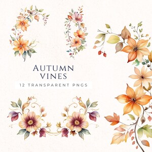 Ensemble de cliparts vigne d'automne, graphiques de fleurs d'automne, décorations aquarelles pour Thanksgiving, Images numériques de scrapbooking, fournitures créatives