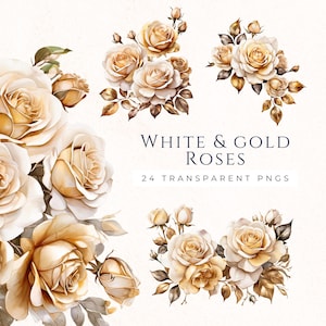 Aquarelle roses des cliparts, clipart floral, fleurs PNG, blanc et or, téléchargement immédiat, fond Transparent