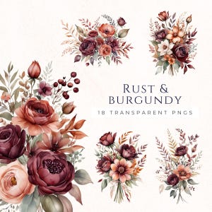 Clipart di fiori di ruggine bordeaux, immagini di album, clipart floreali autunnali, clipart del Ringraziamento, grafica di diario
