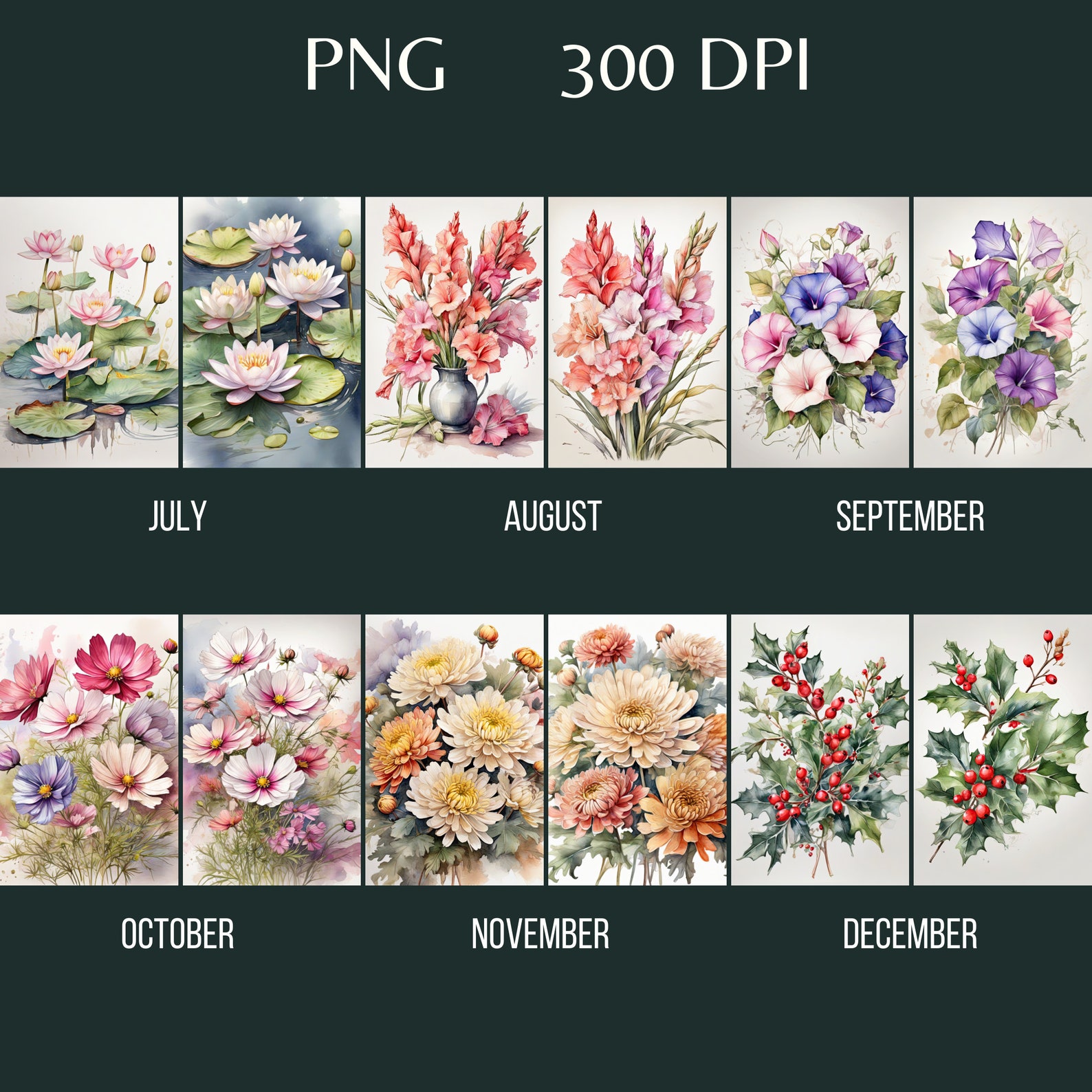 Watercolor Birth Month Flowers, Full Background Clipart, Instant
