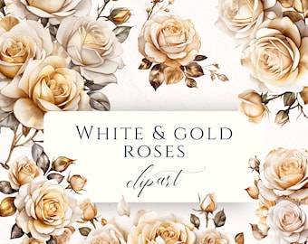 White and Gold Rose Watercolor Clipart PNG, Elegant Floral Graphics for Scrapbooking, Invitations and Cardmaking