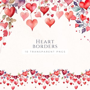Clipart bordo cuore, cuori acquerello PNG, clipart San Valentino, cuore PNG, download immediato, decorazione San Valentino