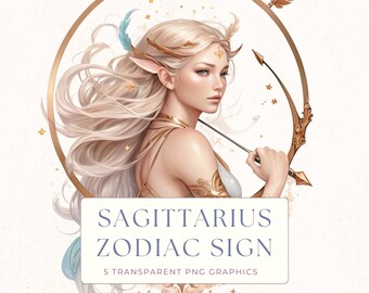 Sagittarius Zodiac Watercolor Clipart Set PNG, Astrology Graphics for Junk Journals, Scrapbooking and Cardmaking, ZOD011
