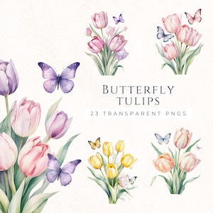Butterfly and Tulips Clipart, Watercolor Flowers, Spring Graphics, Easter Clipart, Cardmaking Supply, Paper Crafting, TUL010