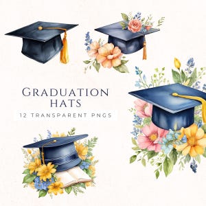 Conjunto de clipart de chapéus de formatura, download instantâneo de gráficos de alunos da escola, arte de diploma de boné de uso comercial