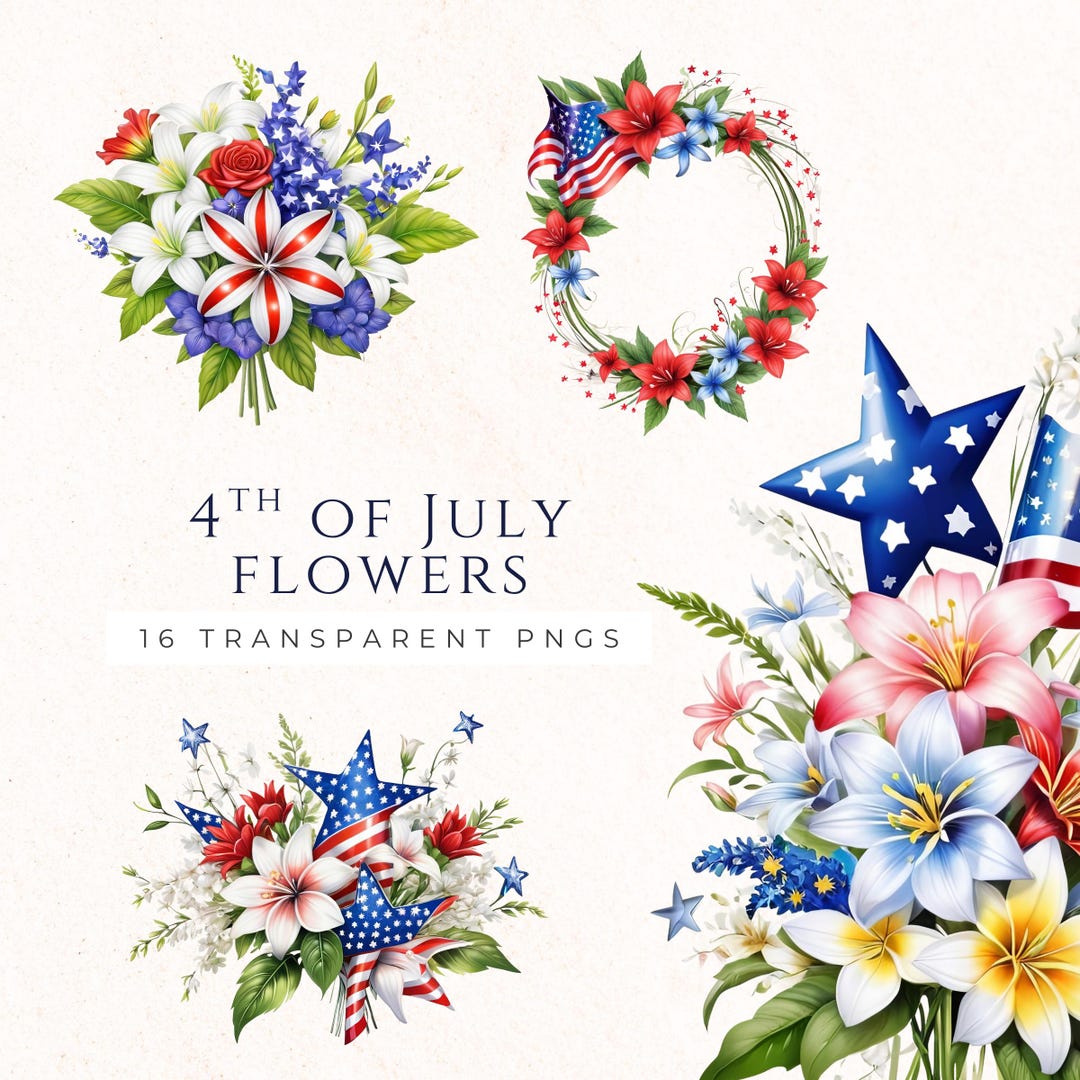 Red Blue White Flower Bouquet Clipart, 4th of July Independence Day ...