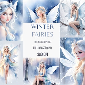 Imágenes prediseñadas de hadas de invierno con fondo completo, descarga instantánea de fantasía, manualidades con papel, gráficos para álbumes de recortes, suministros para hacer tarjetas