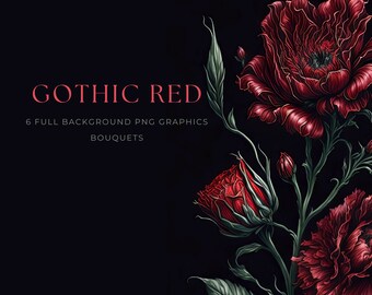 Gothic rote launische Blume Aquarell Clipart PNG, dunkle Blumengrafik für Junk Journals, Scrapbooking und Cardmaking