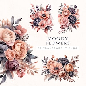 Clipart bouquet de fleurs de mauvaise humeur, graphiques floraux vintage, impression de fleurs Boho aquarelle, téléchargement immédiat Images PNG, MOF002