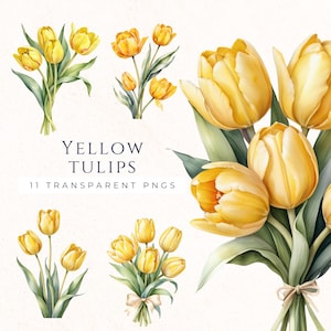 Yellow Tulips Clipart, Spring Flower Clip Art, Instant Download, Watercolor Tulip Clip Art, Floral Design, Tulip PNG, TUL001