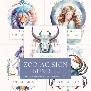 Watercolor Zodiac Clipart Bundle, Aries Sign Graphic, Libra Girl Decor, Horoscope Art, Astrology PNG, ZOD013