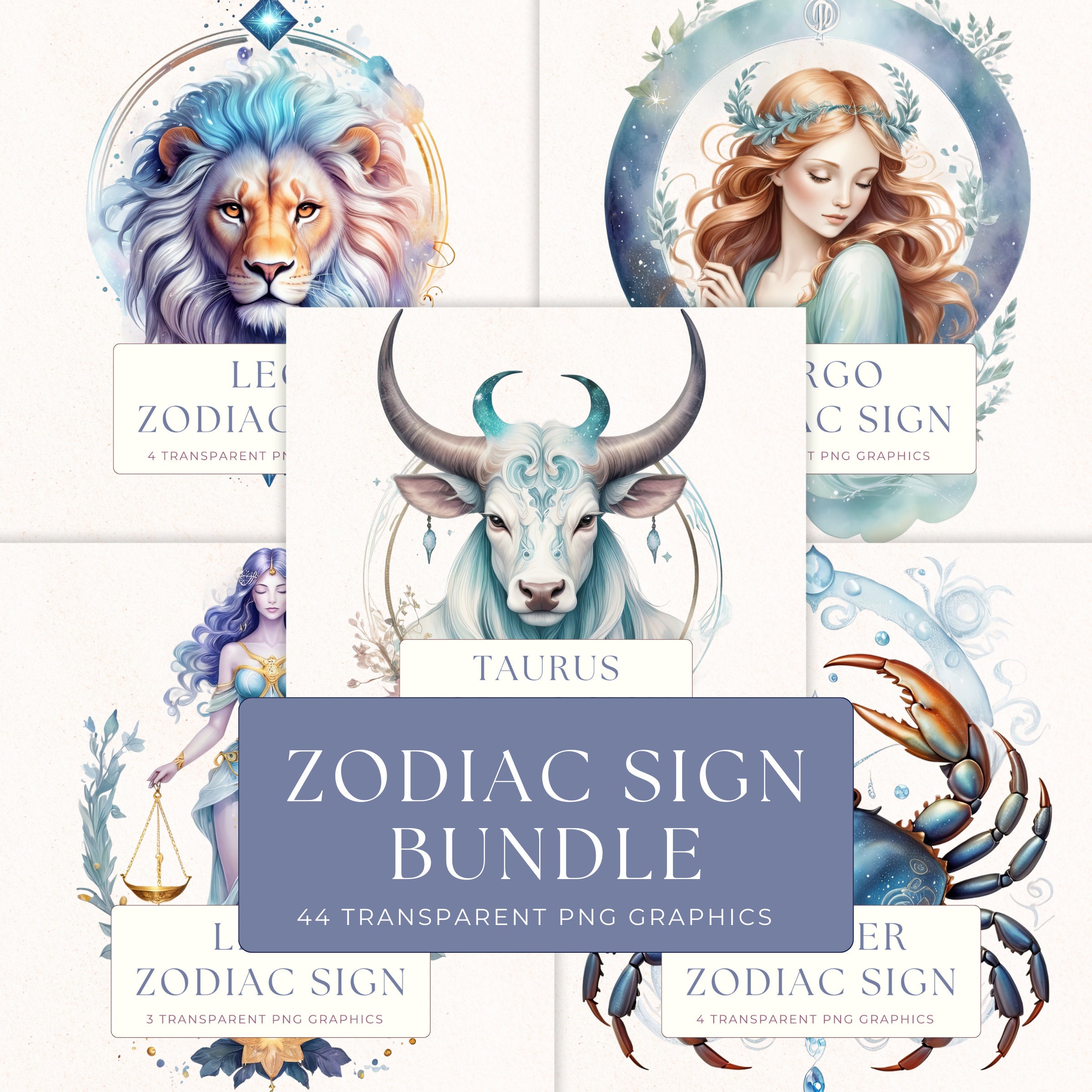 Watercolor Zodiac Clipart Bundle PNG, Astrology Horoscope Graphics for ...
